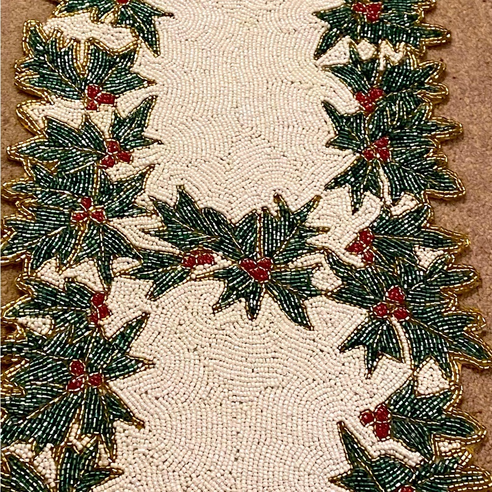Christmas Runner. Saro green & white beaded runner 13” x 36”, retails for $60
